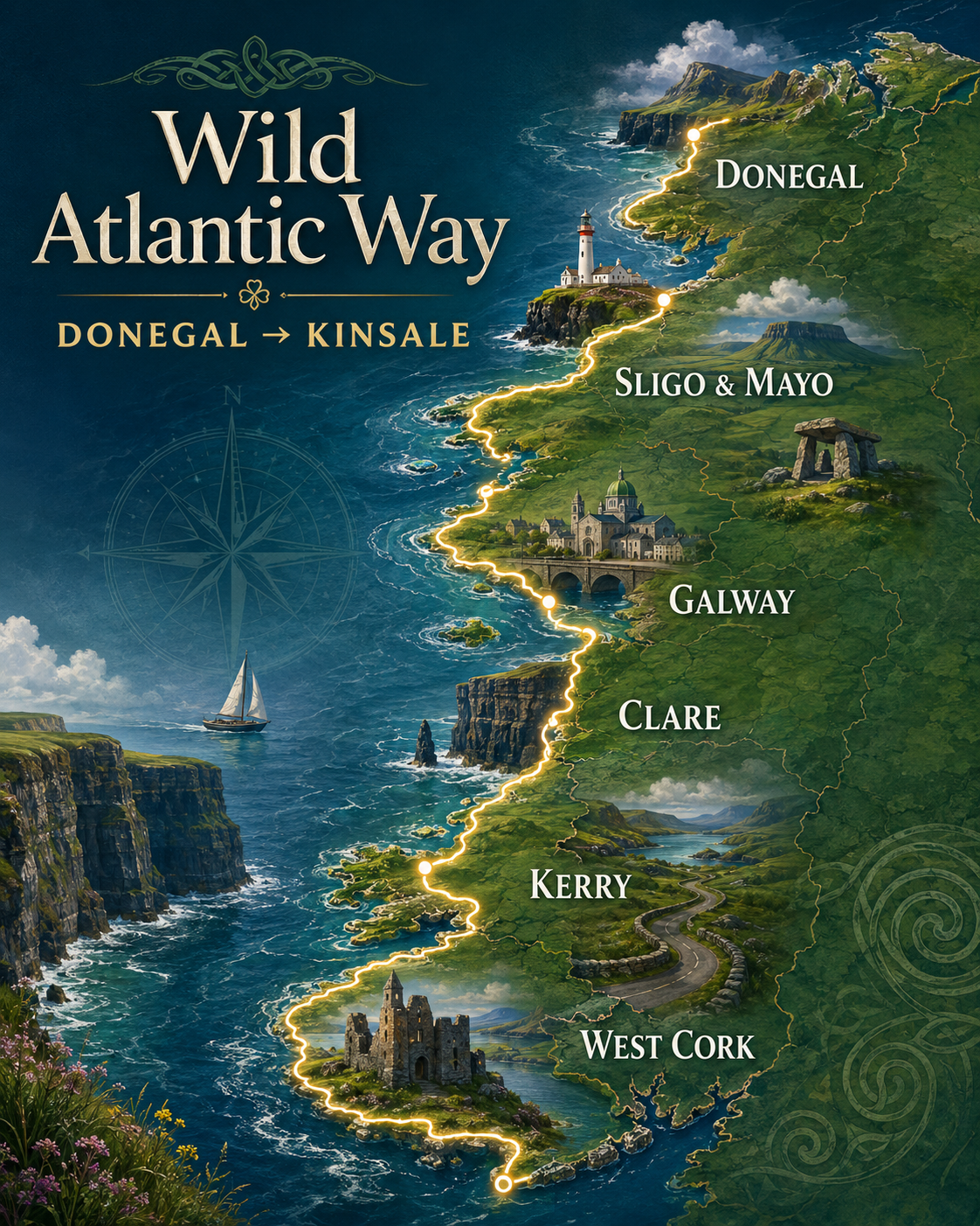Illustrated Wild Atlantic Way route map from Donegal to Kinsale, showing Donegal, Sligo and Mayo, Galway, Clare, Kerry and West Cork